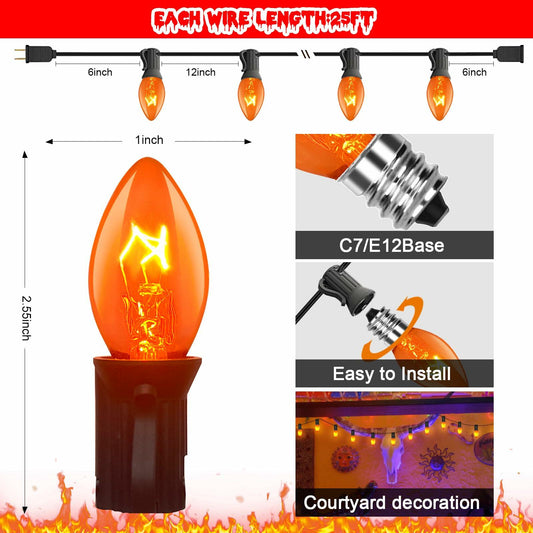 Abeja 25Ft C7 Orange String Lights 27 Bulbs Black Wire Vintage Halloween