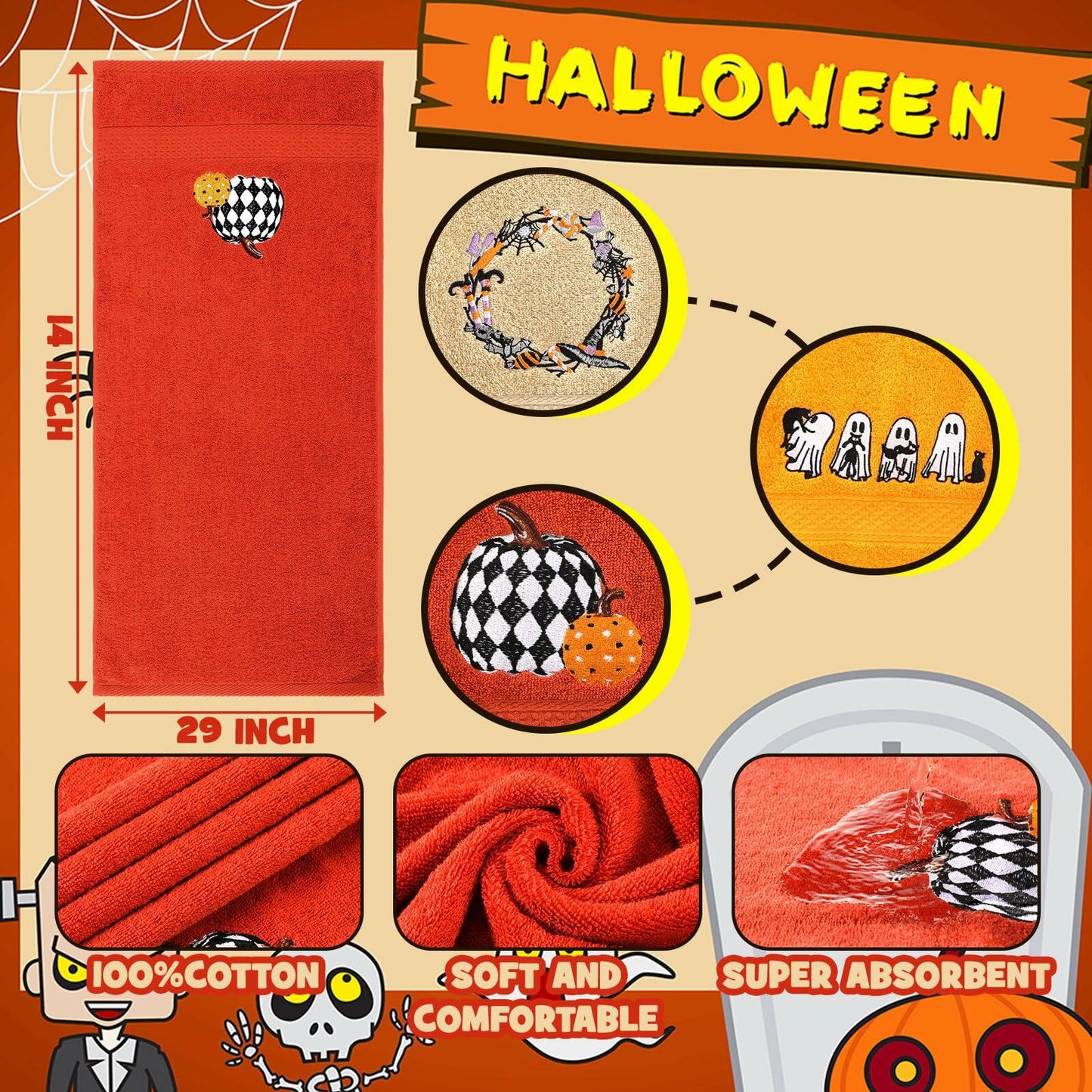 Fanfanwin Halloween Embroidered Ghost Pumpkin Cotton Towels 29x14 Inch 3 Pc