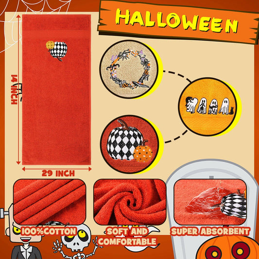 Fanfanwin Halloween Embroidered Ghost Pumpkin Cotton Towels 29x14 Inch 3 Pc