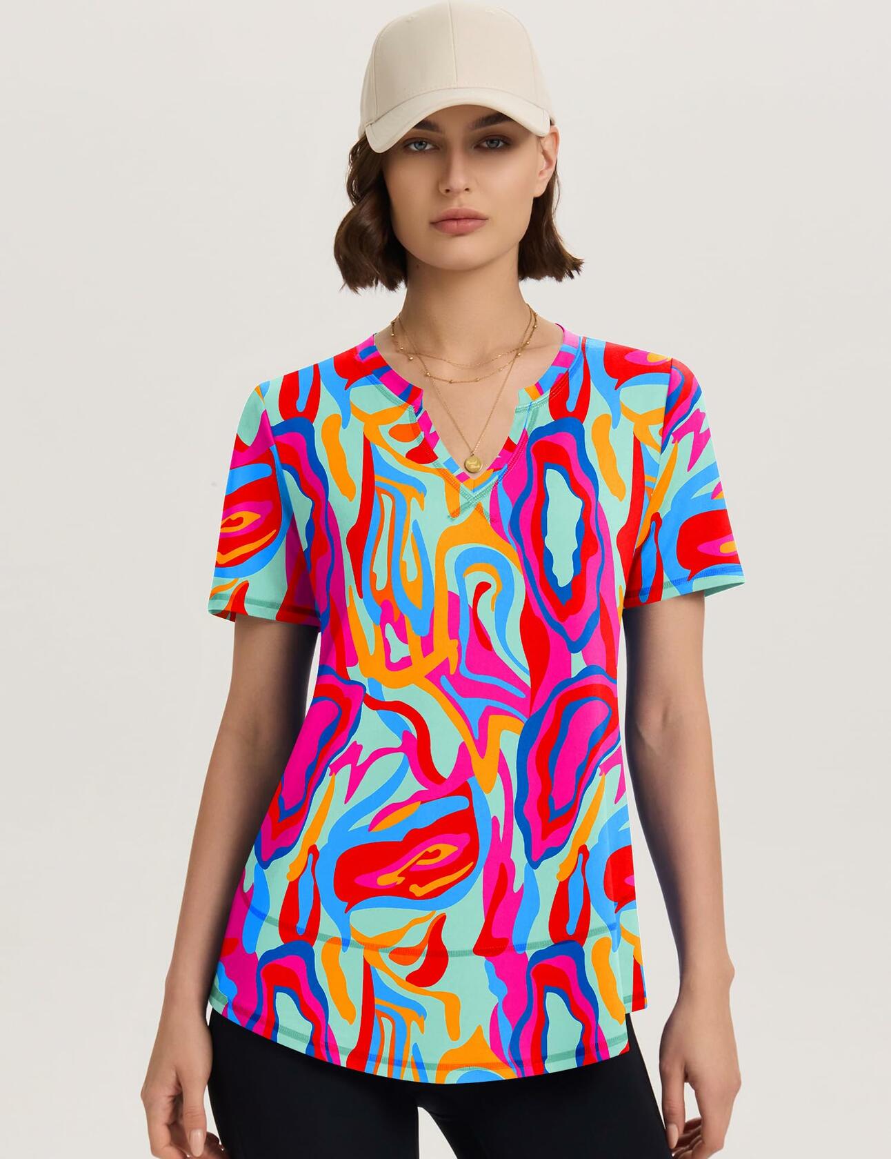 TCOT Women's Athletic Short Sleeve Gym Workout Shirt B Rose Red Printed Size 3XL