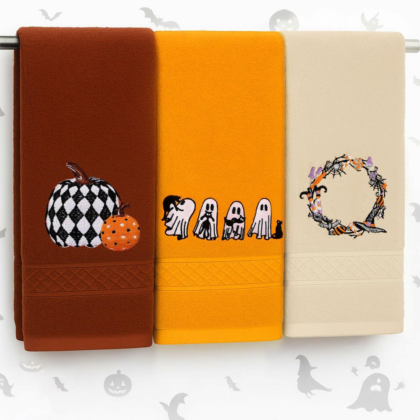 Fanfanwin Halloween Embroidered Ghost Pumpkin Cotton Towels 29x14 Inch 3 Pc