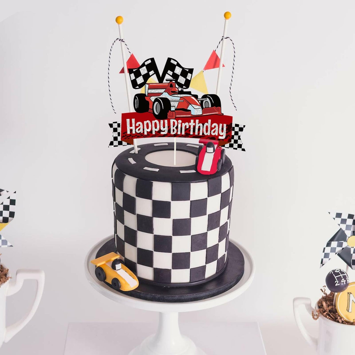 EQ EvaIrisQing Glitter Race Car Cake Topper Birthday Decor Checkered Flag