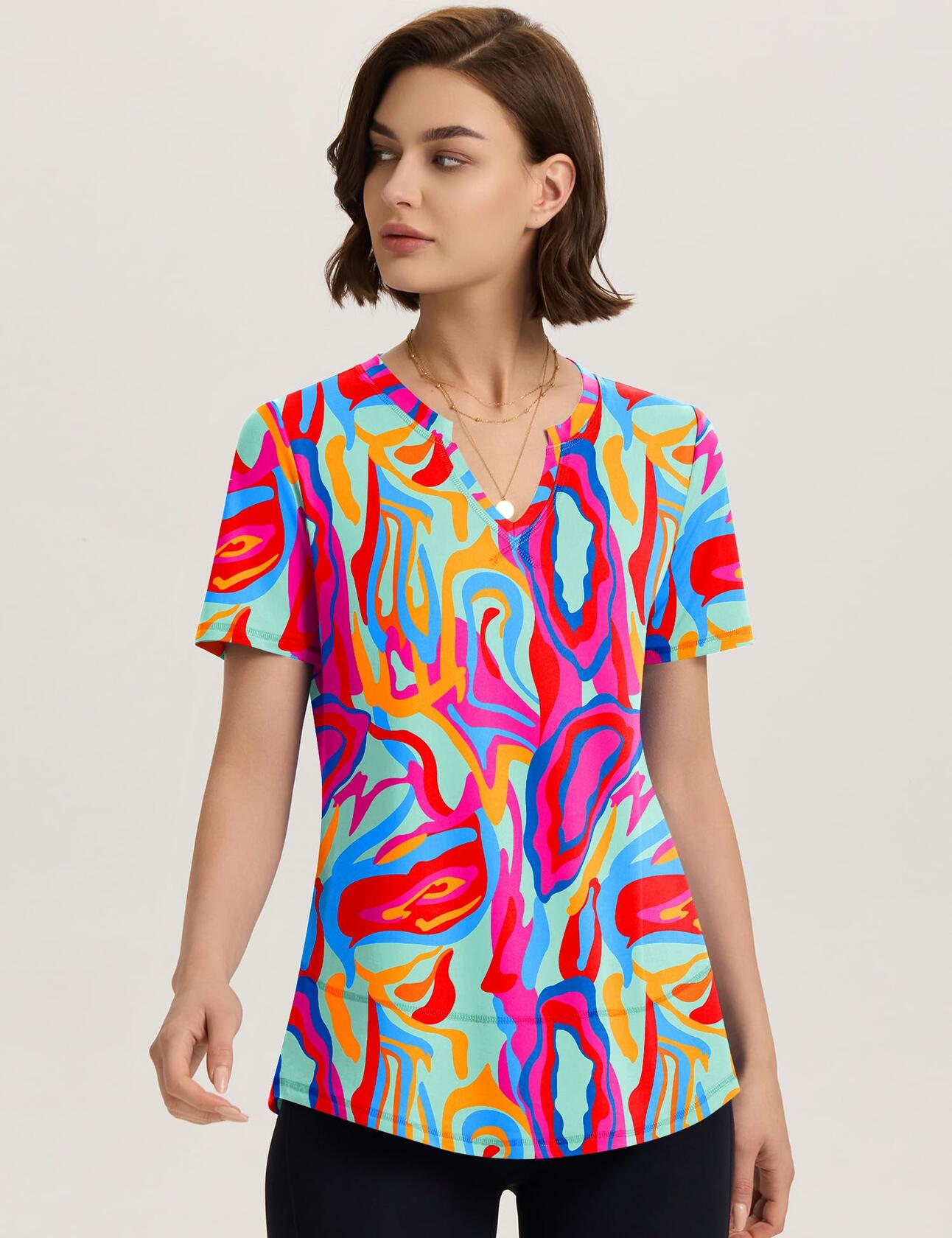 TCOT Women's Athletic Short Sleeve Gym Workout Shirt B Rose Red Printed Size 3XL