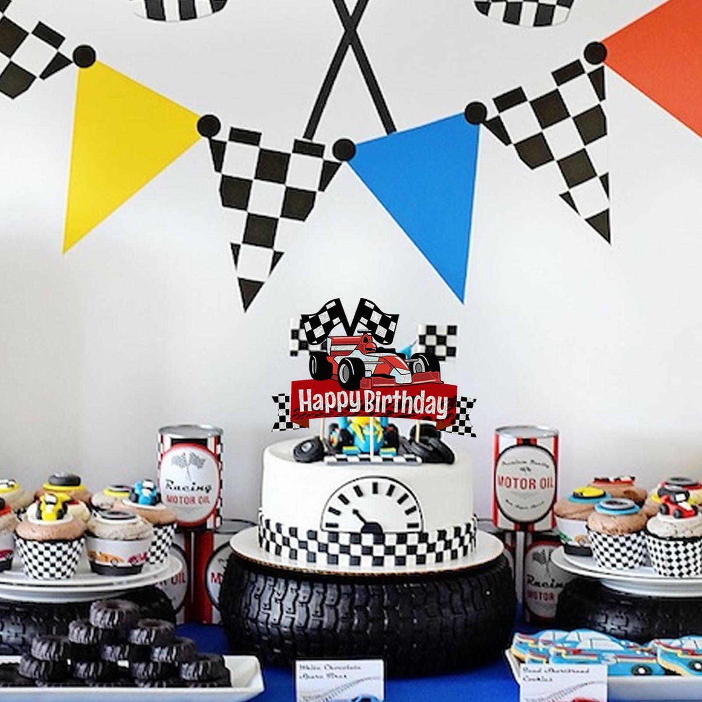EQ EvaIrisQing Glitter Race Car Cake Topper Birthday Decor Checkered Flag