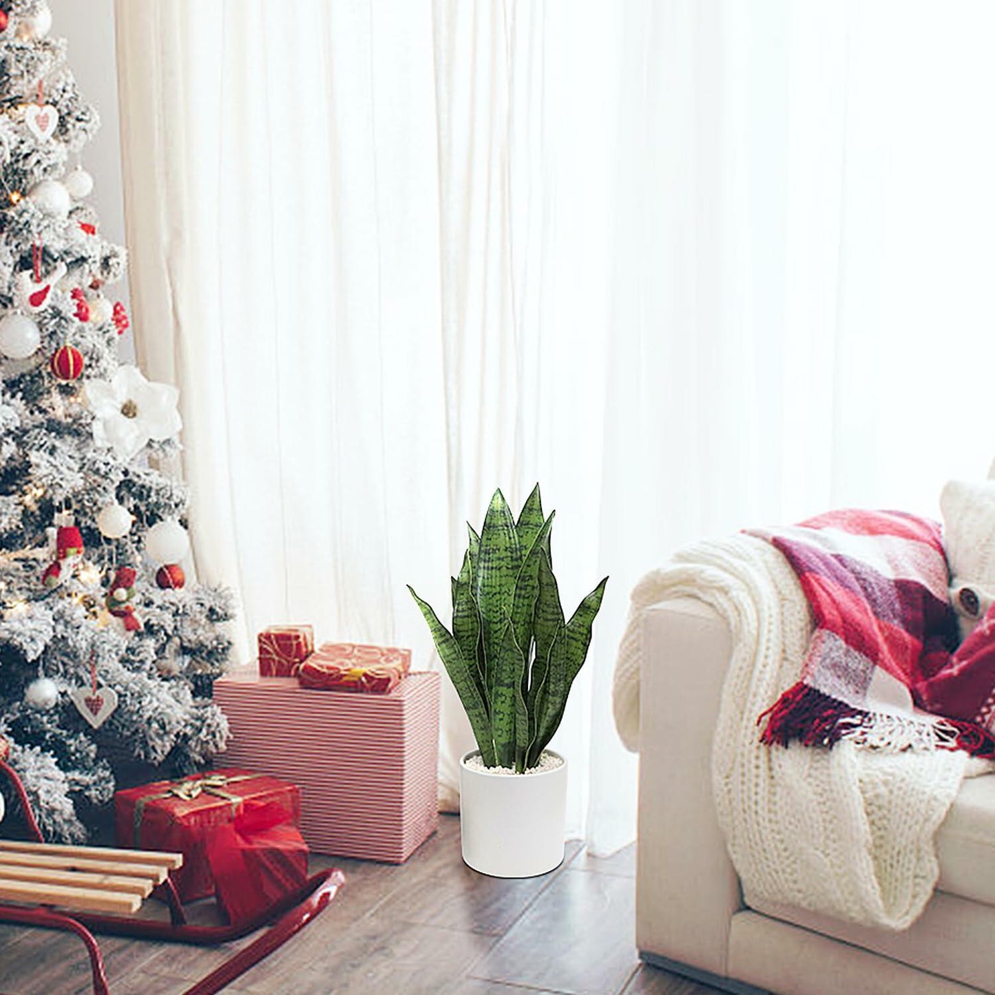 Anewsun Faux Snake Plant Set of 2 with White Ceramic Pots 13.78 Inch Green