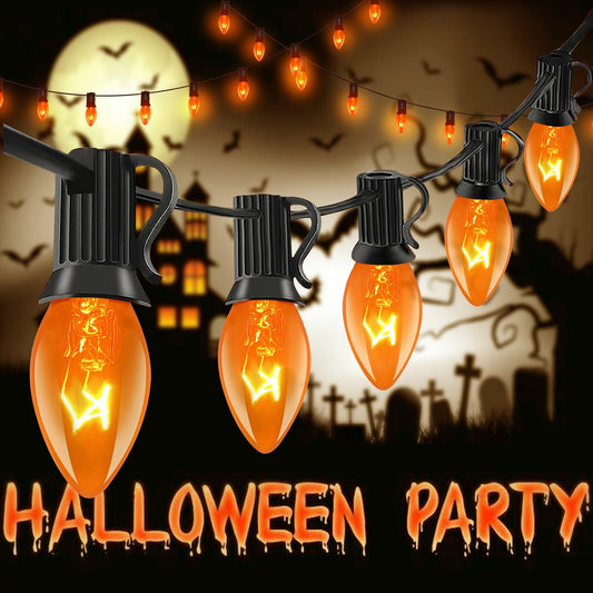 Abeja 25Ft C7 Orange String Lights 27 Bulbs Black Wire Vintage Halloween