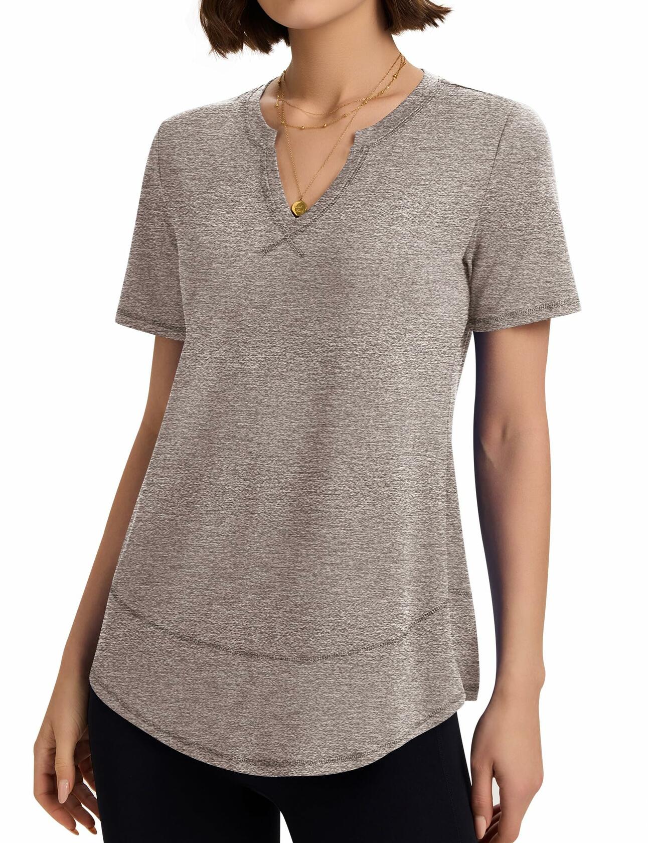 TCOT Womens V Neck Loose Workout Gym Shirt Light Brown Size S