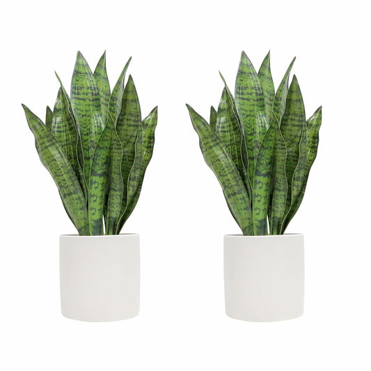 Anewsun Faux Snake Plant Set of 2 with White Ceramic Pots 13.78 Inch Green