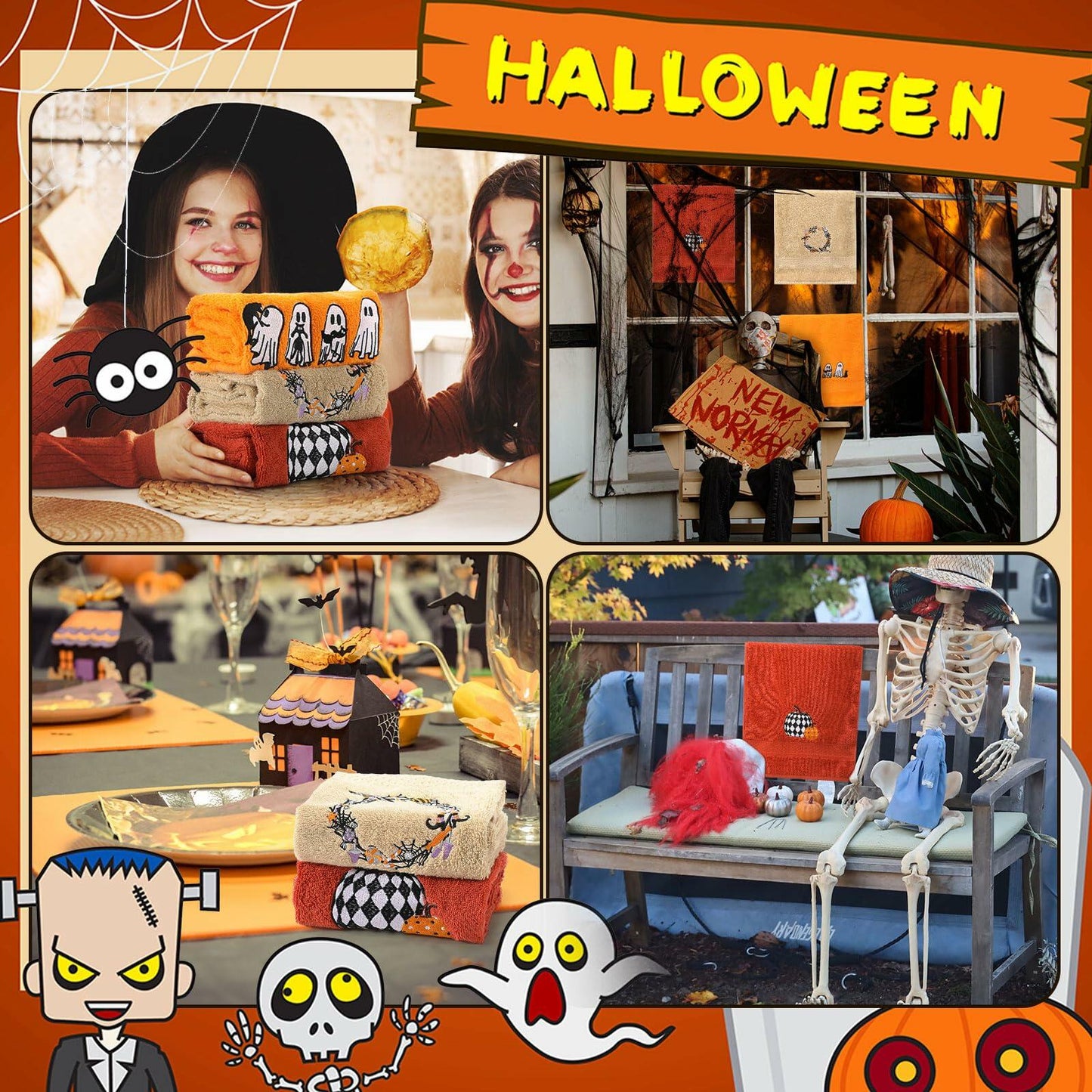 Fanfanwin Halloween Embroidered Ghost Pumpkin Cotton Towels 29x14 Inch 3 Pc