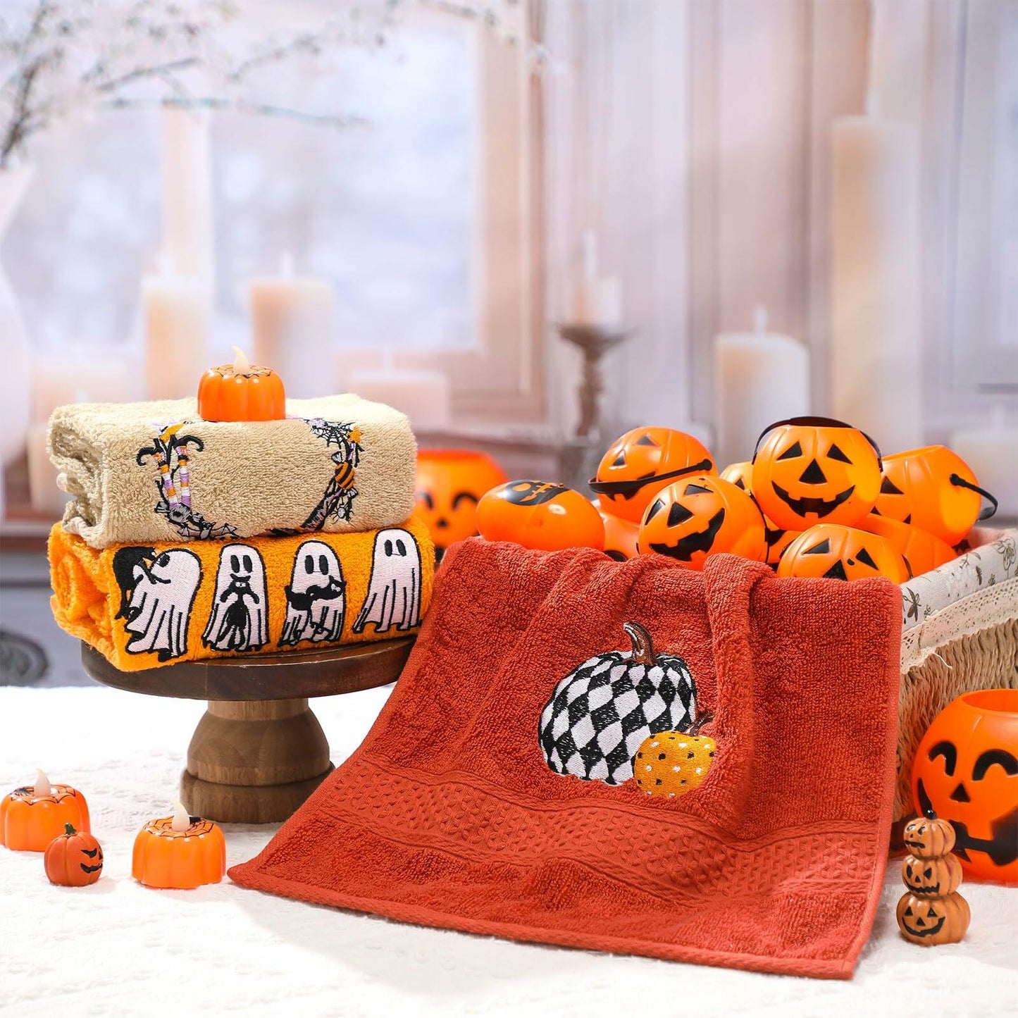 Fanfanwin Halloween Embroidered Ghost Pumpkin Cotton Towels 29x14 Inch 3 Pc
