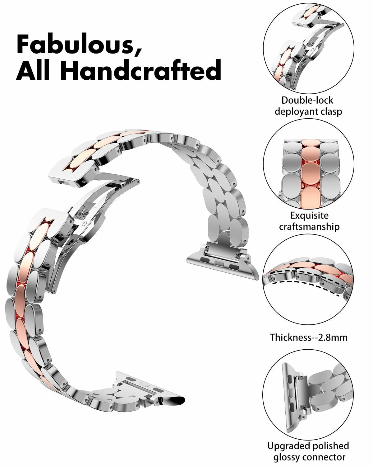 TISIMO Stainless Steel Apple Watch Band Silver Rose Gold Size 38-45mm