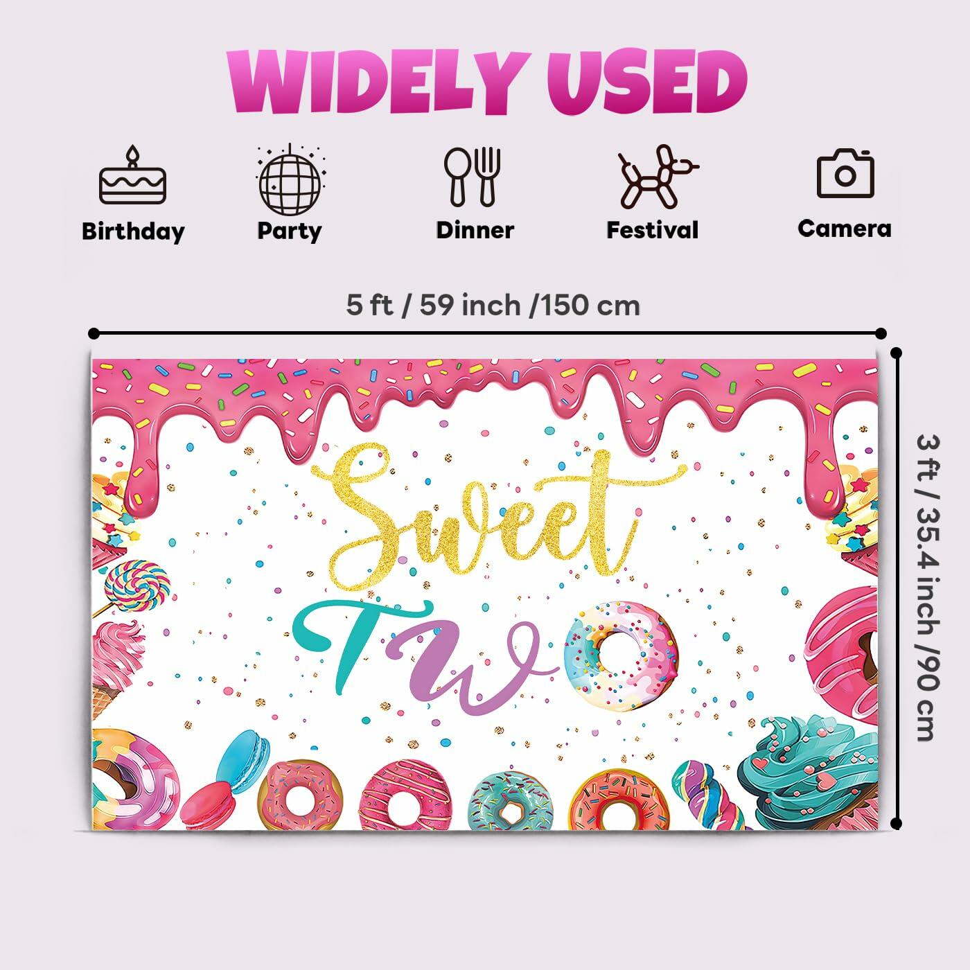 xuanflyF Donut Sweet Two Birthday Party Backdrop Banner 5x3ft Pink Cotton