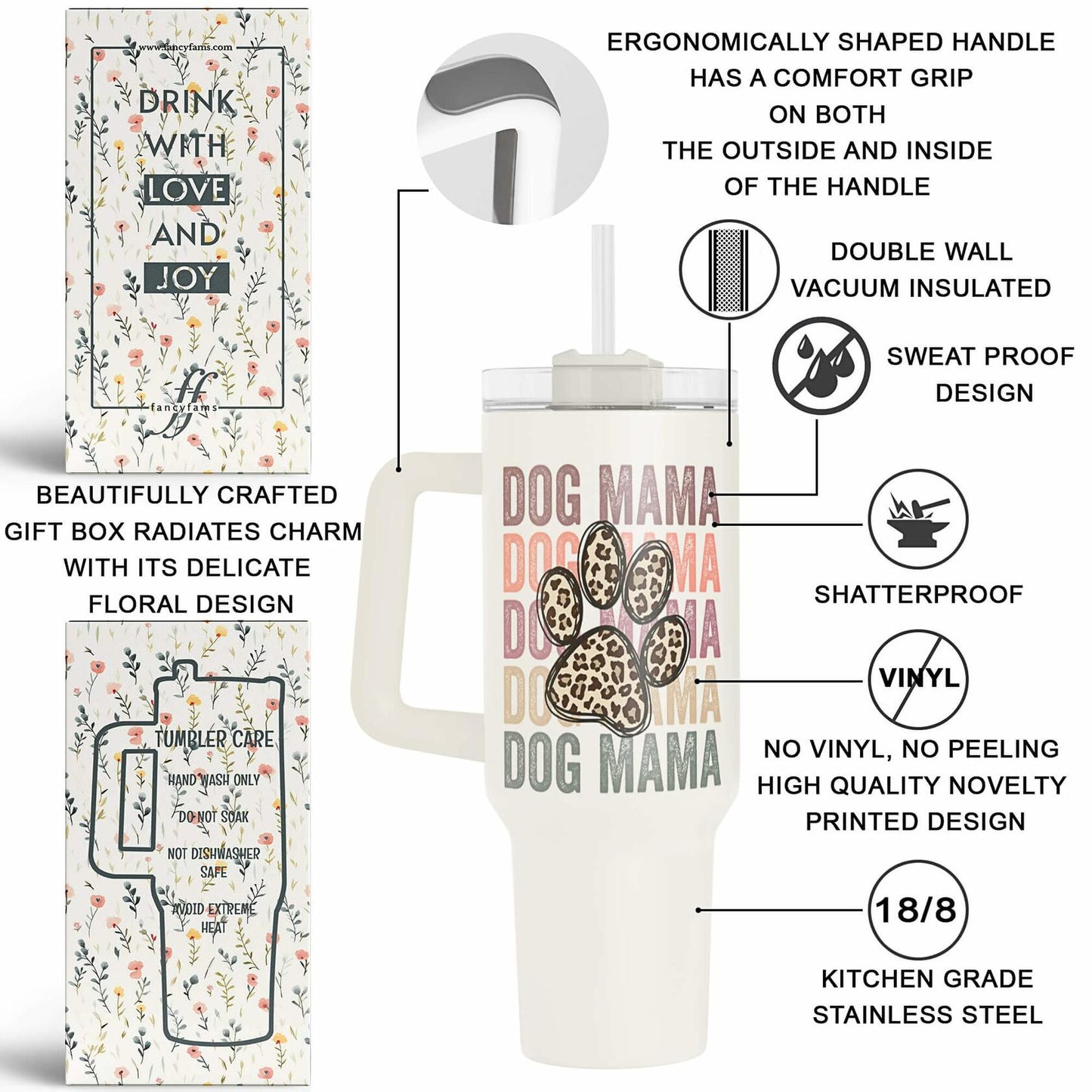 Fancyfams 40oz Stainless Steel Tumbler Dog Mama Handle Lid Straw Cream