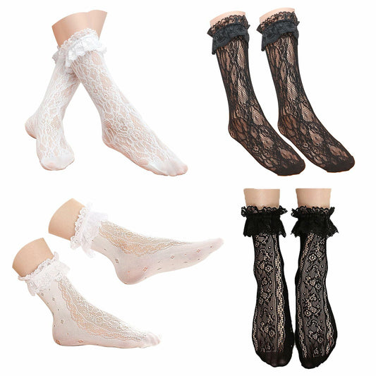 YWAOAIJD Women's Lace Ruffle Ankle Socks Mesh Trim 4 Pairs Size 5-9 Black White