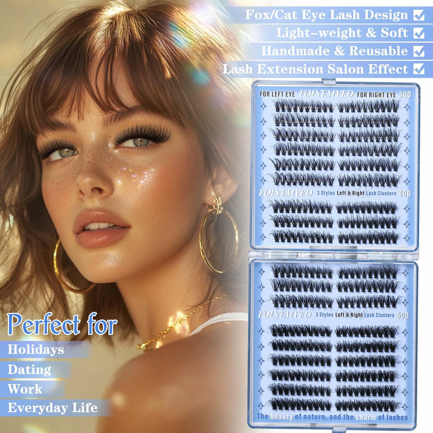 FOINEMYED Lash Clusters 360 Pcs 9-18mm Cat Eye Wispy D Curl Natural
