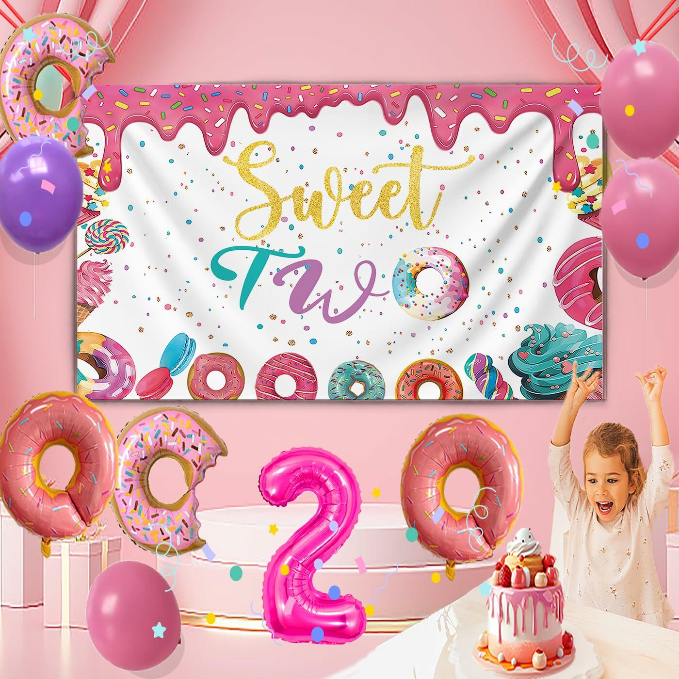 xuanflyF Donut Sweet Two Birthday Party Backdrop Banner 5x3ft Pink Cotton