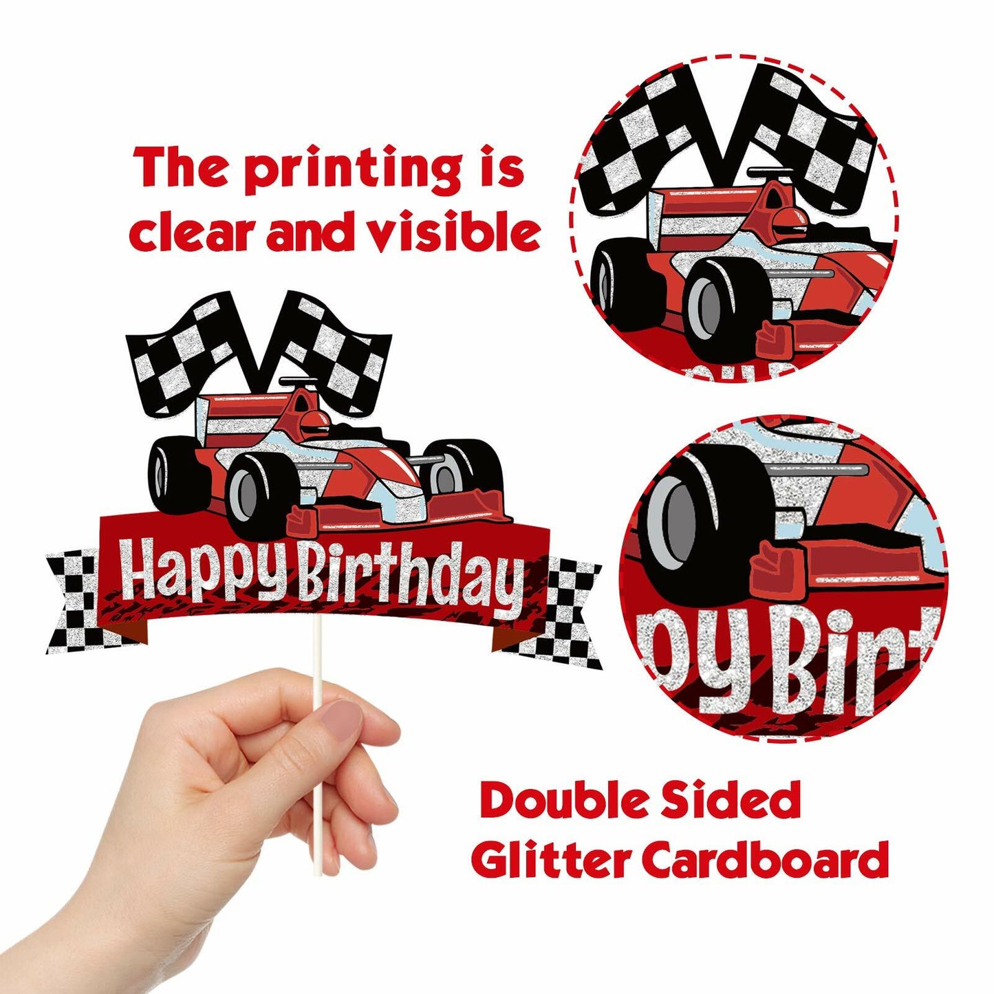 EQ EvaIrisQing Glitter Race Car Cake Topper Birthday Decor Checkered Flag