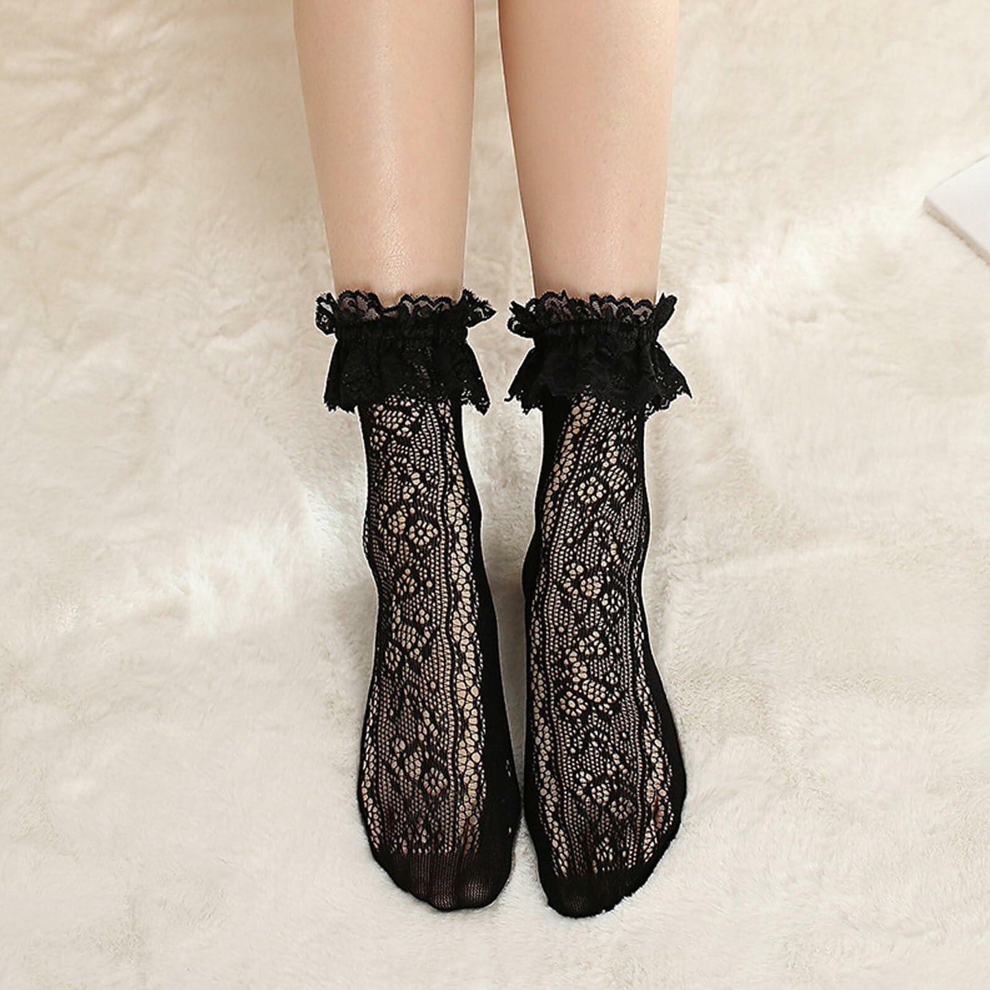 YWAOAIJD Women's Lace Ruffle Ankle Socks Mesh Trim 4 Pairs Size 5-9 Black White