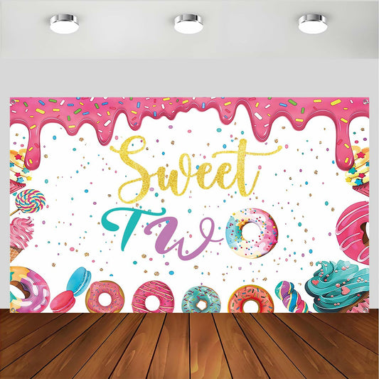 xuanflyF Donut Sweet Two Birthday Party Backdrop Banner 5x3ft Pink Cotton
