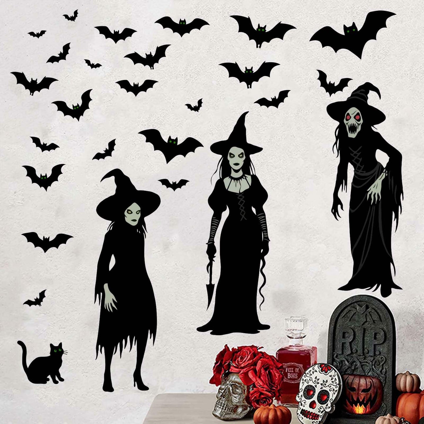 Amimagen Halloween Witch Bat Wall Stickers Gothic Vinyl Large Halloween Decor