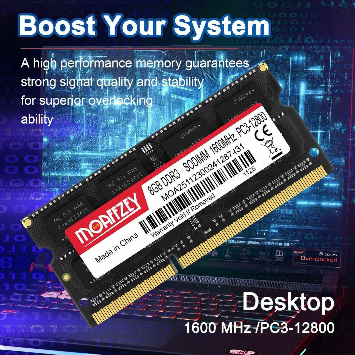 Moaffzey 8GB DDR3L 1600MHz PC3-12800 204-Pin SODIMM Laptop RAM Black