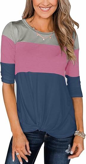 Minthunter Women's Long Sleeve Color T Shirt Round Neck Grey-Pink-Blue Size L