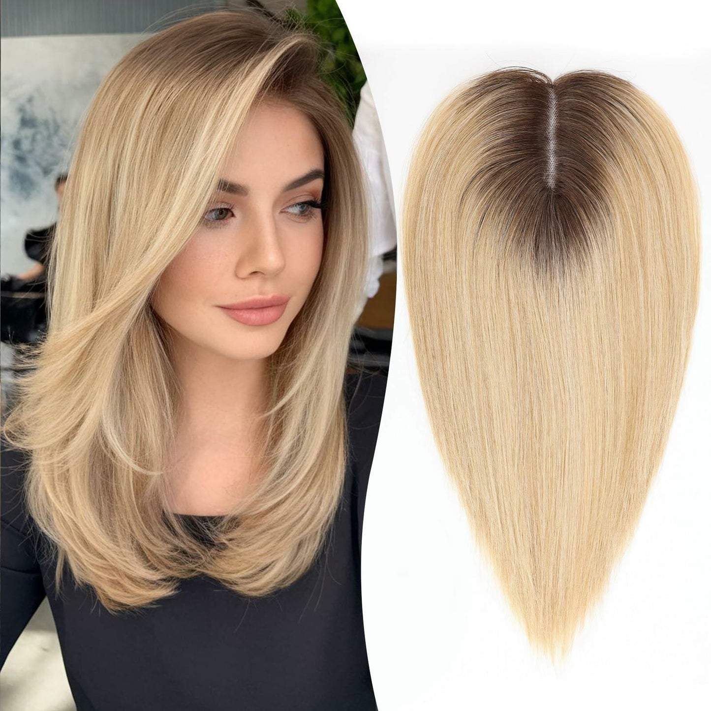 EMMOR 14in Synthetic Hair Topper with 3 Clips 5x3.5 Base Ombre Light Blonde
