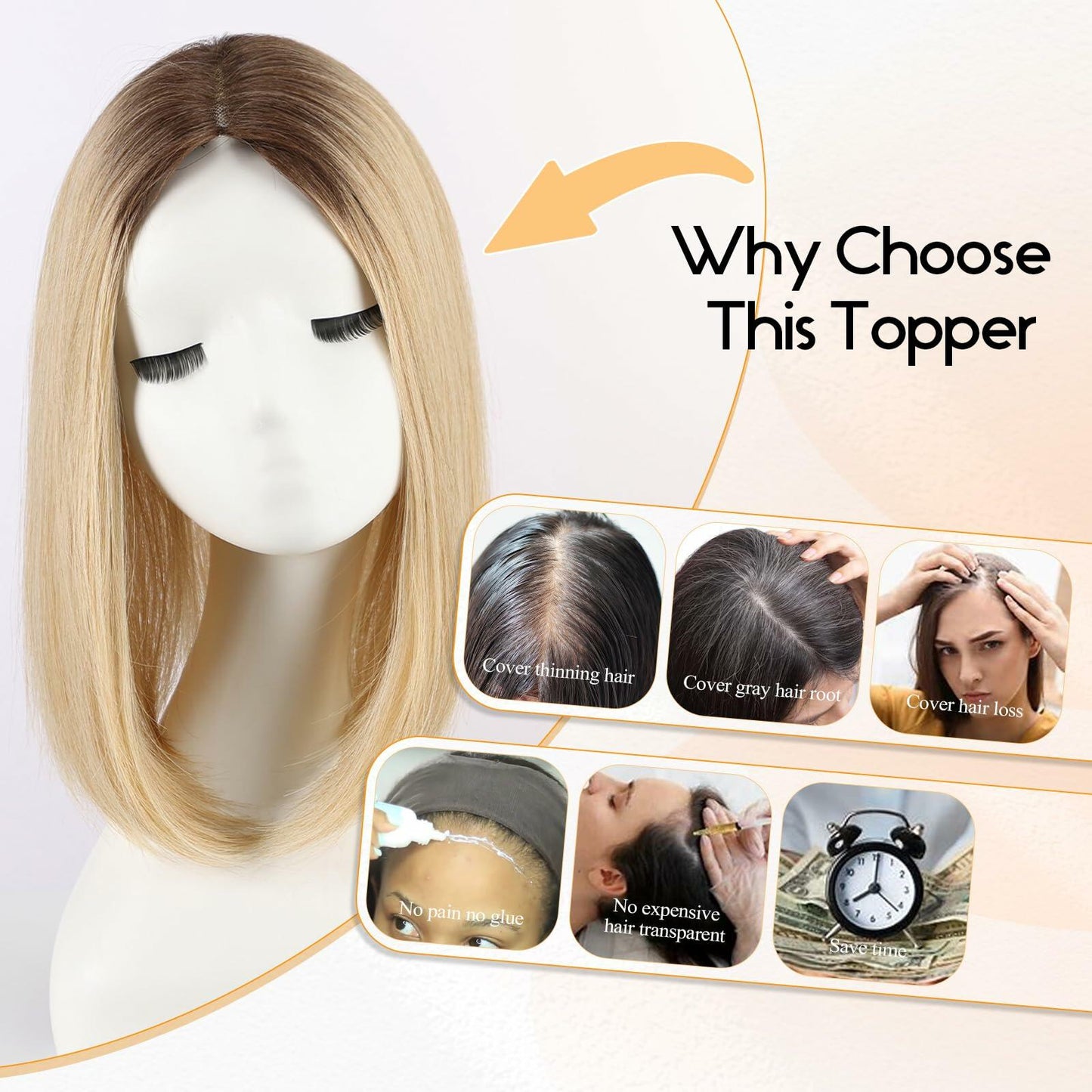 EMMOR 14in Synthetic Hair Topper with 3 Clips 5x3.5 Base Ombre Light Blonde