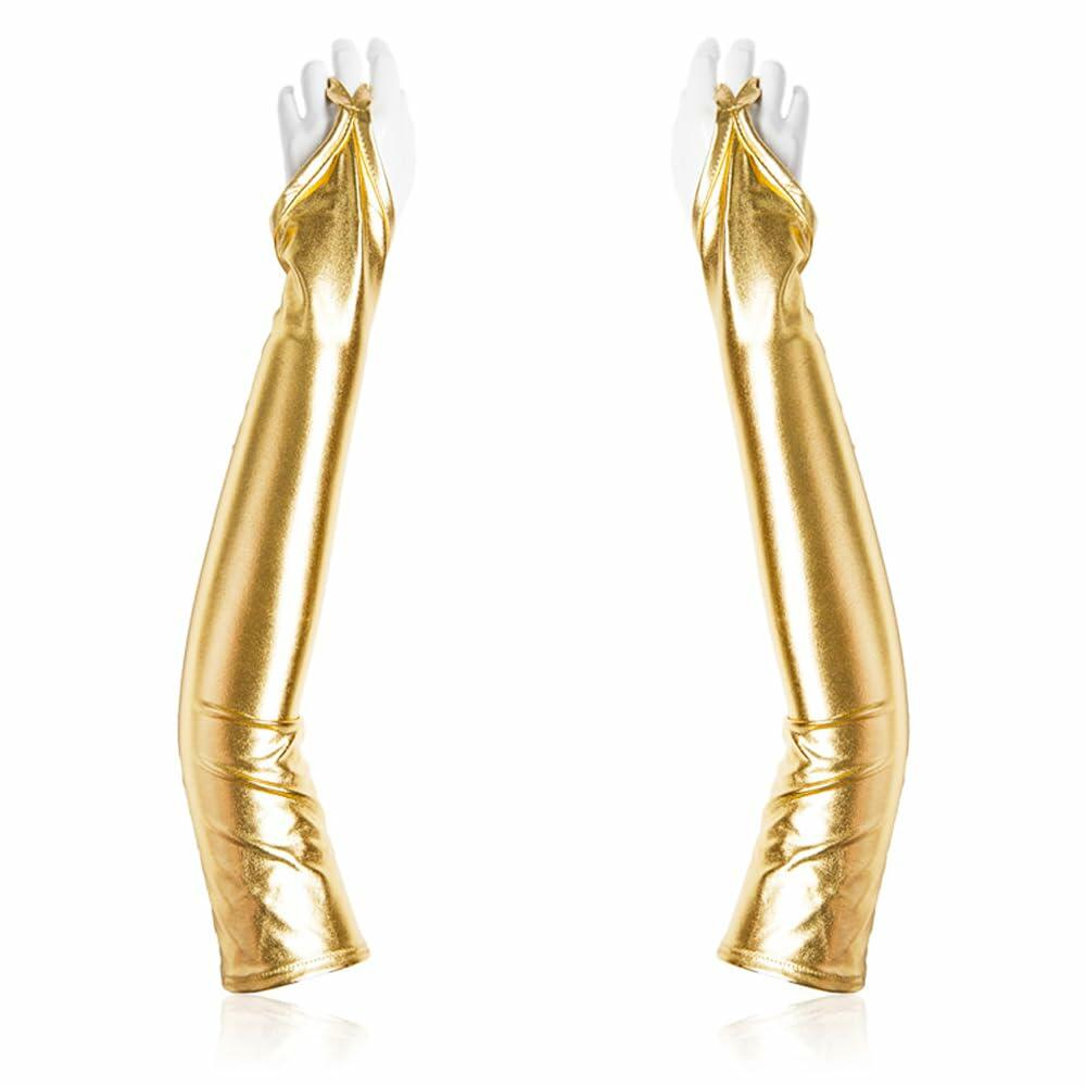 GFLPO Fashion Fingerless Metallic Satin Long Elastic Gloves Gold Elbow Length