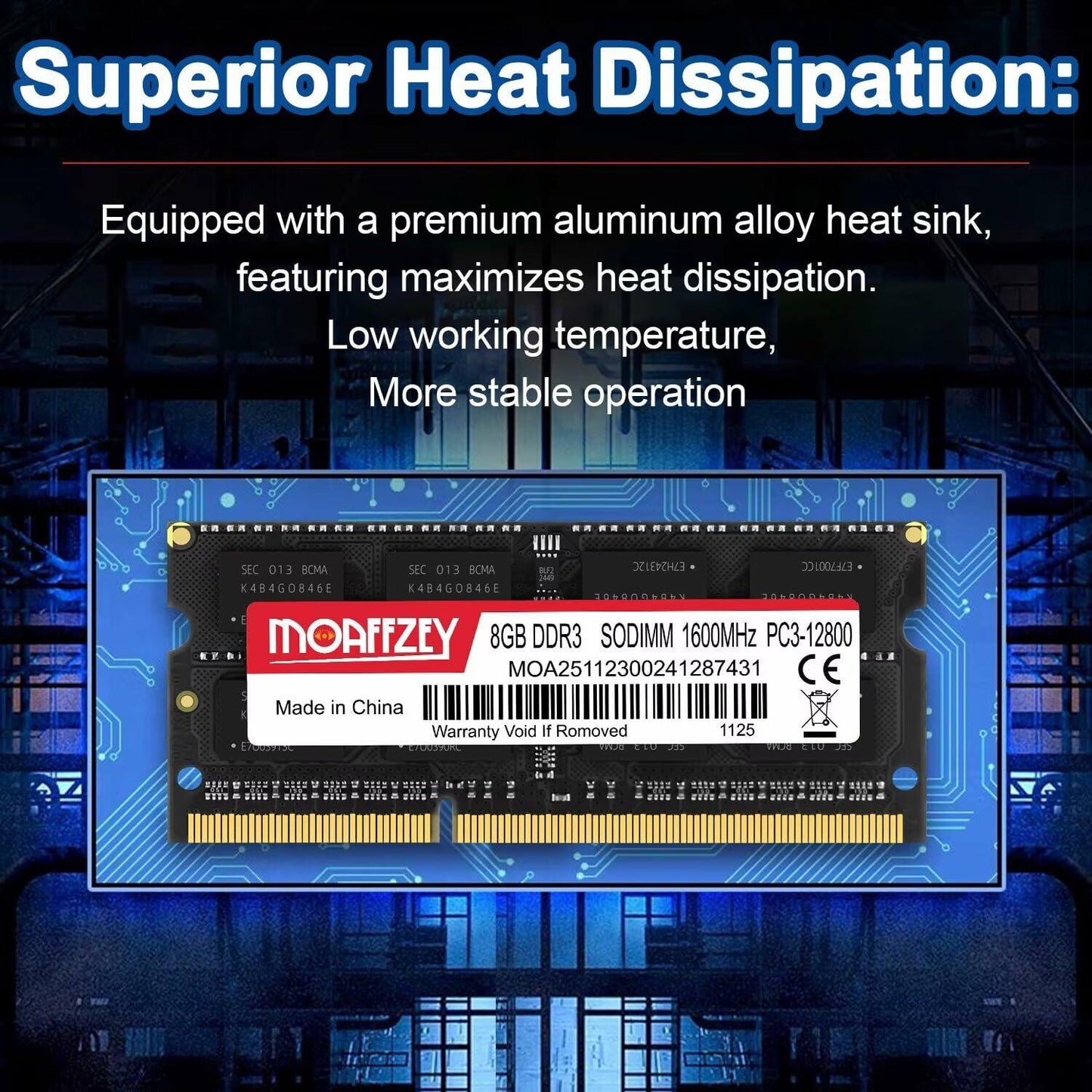 Moaffzey 8GB DDR3L 1600MHz PC3-12800 204-Pin SODIMM Laptop RAM Black