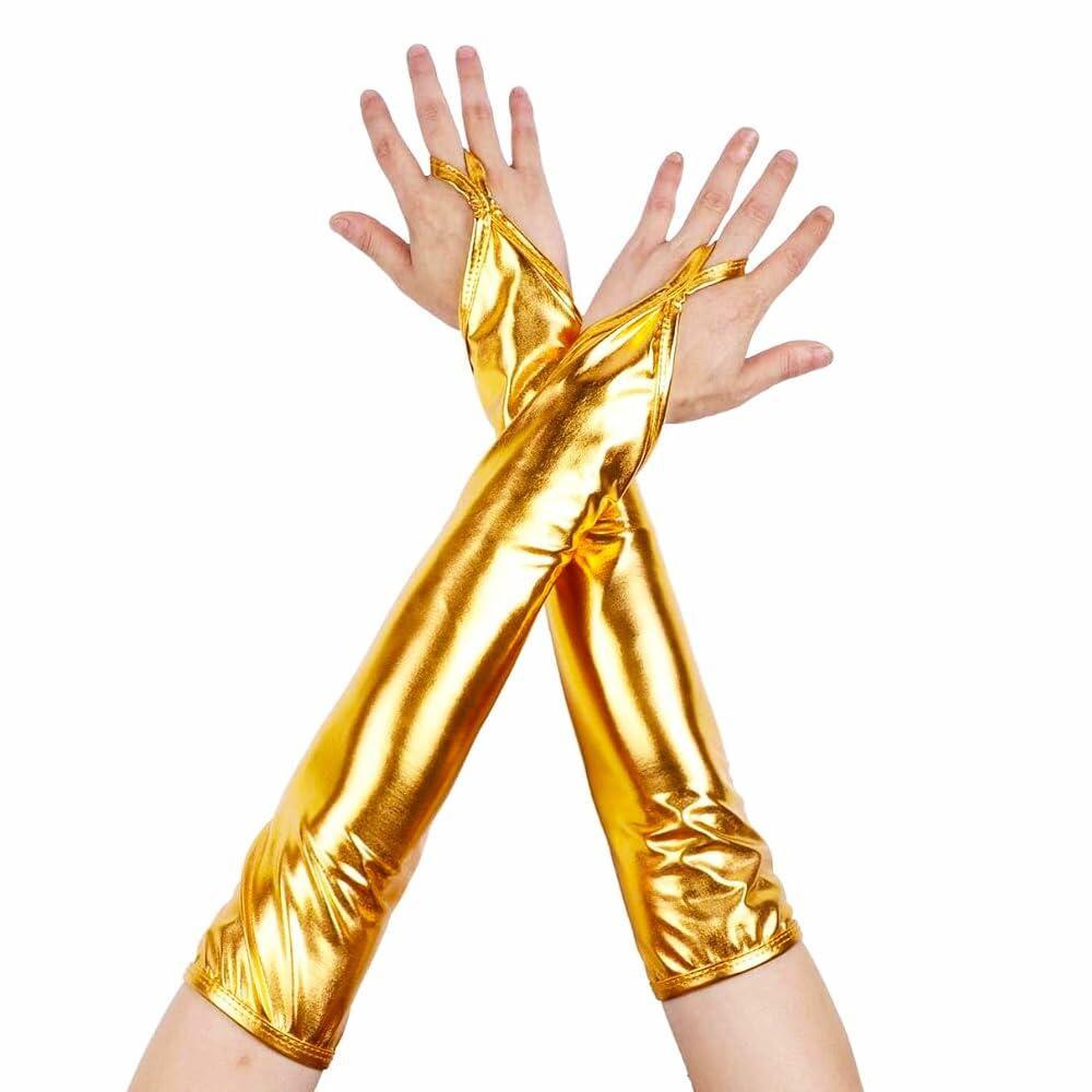 GFLPO Fashion Fingerless Metallic Satin Long Elastic Gloves Gold Elbow Length