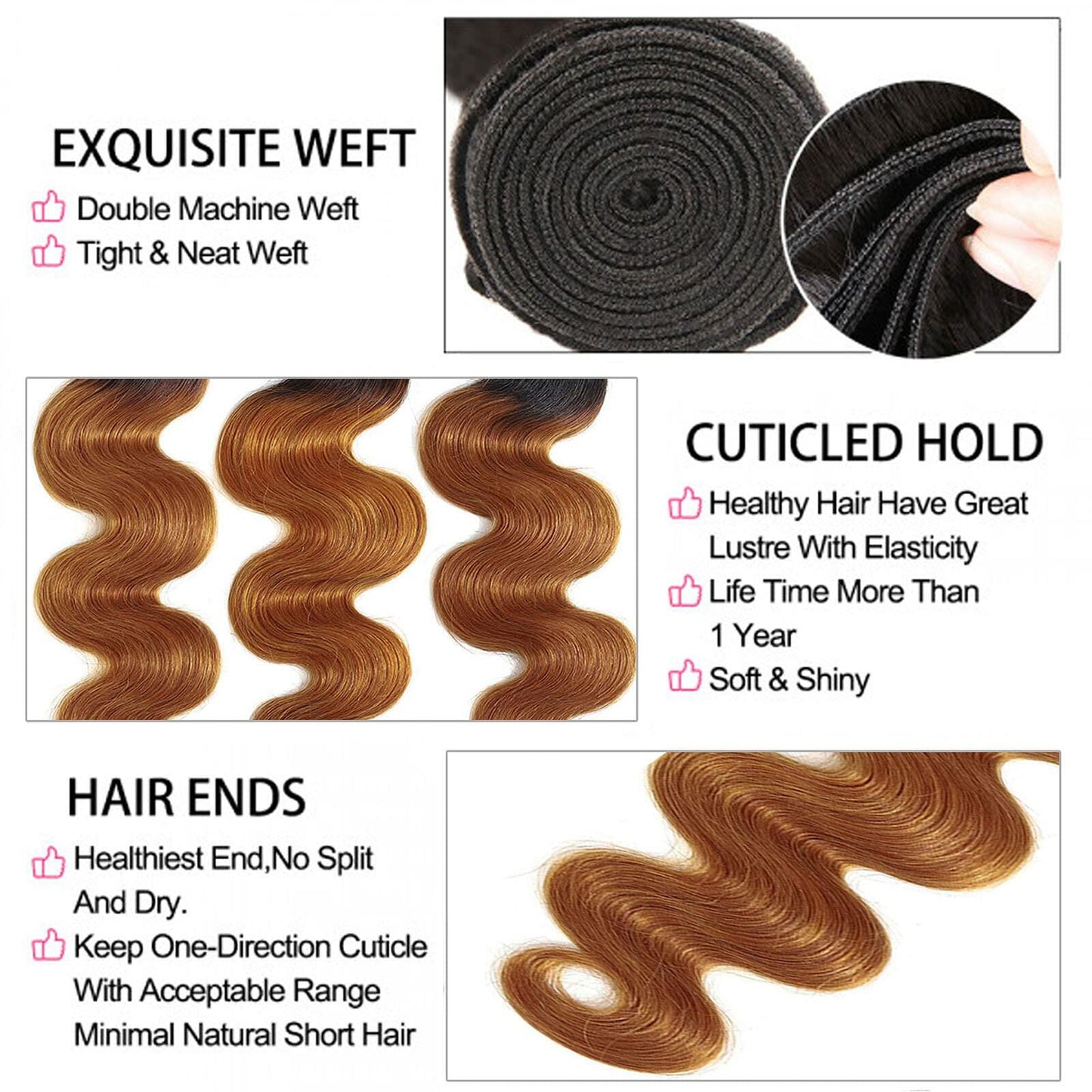 IMAYLI Body Wave 10A 4 Bundles 100% Unprocessed Ombre Brazilian Hair T1B/30