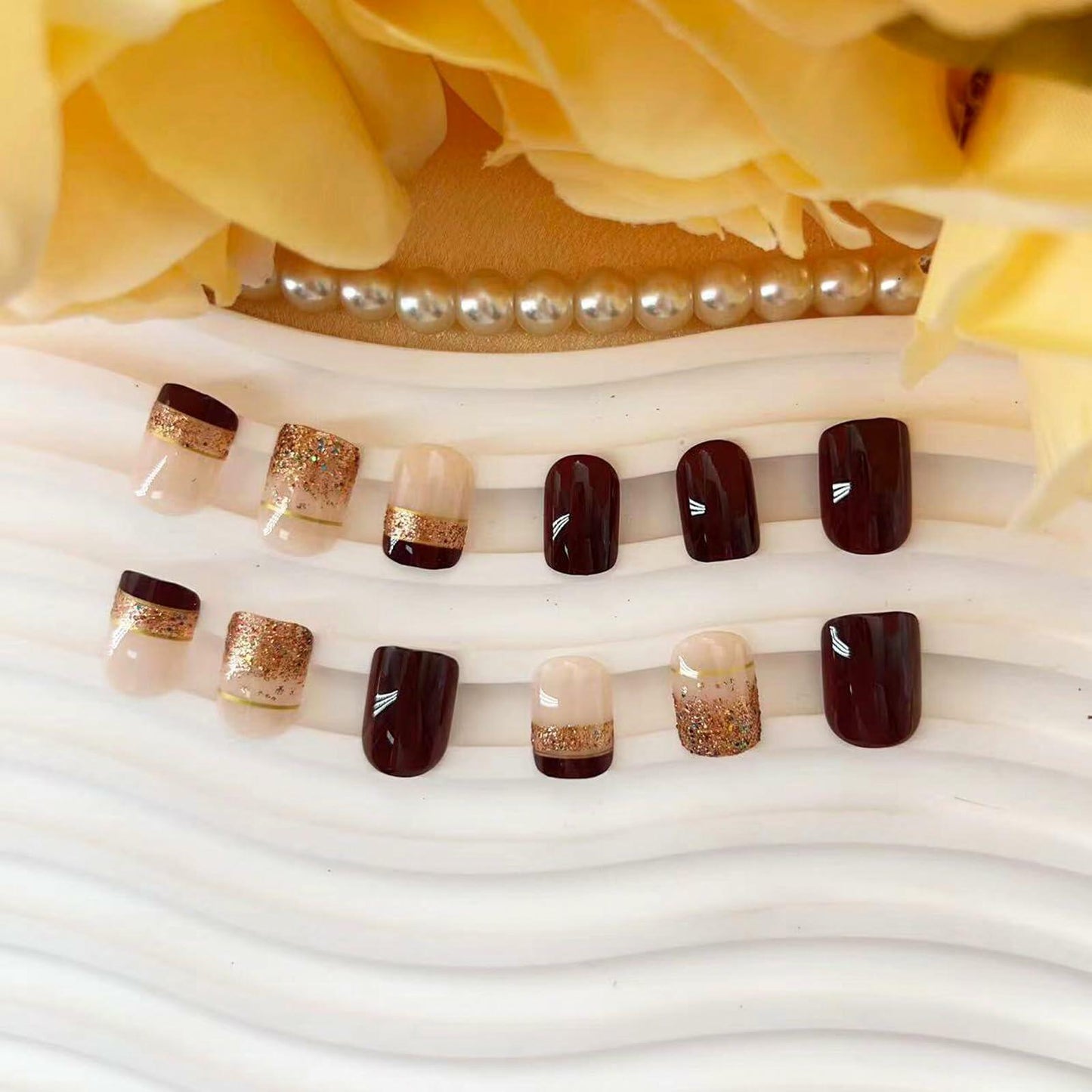 Brown Press On Nails Short Square Glitter Nude Brown Full Cover 24 Pcs