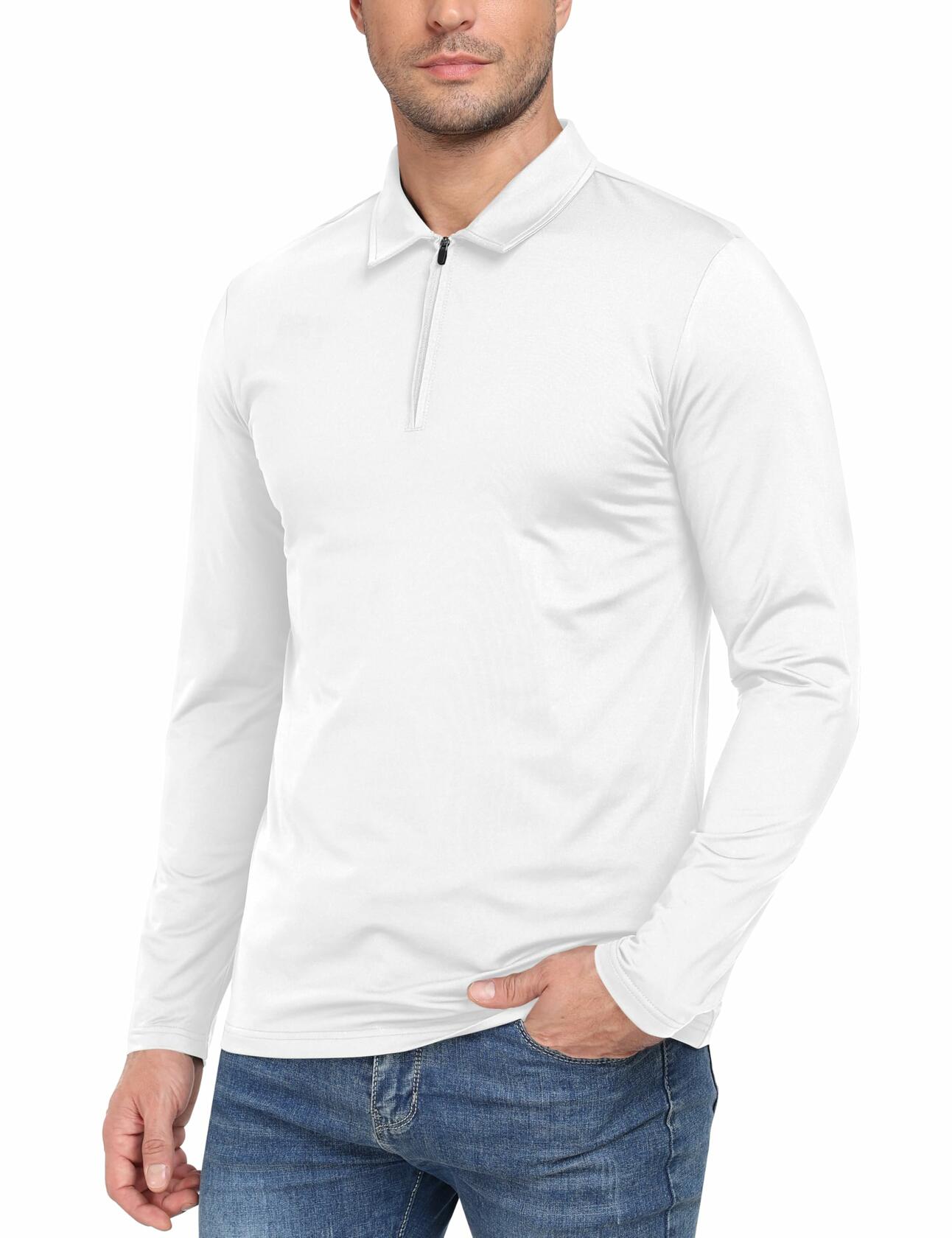 MoFiz Men's Long Sleeve Polo Shirt Quarter Zipper Quick Dry White Size S