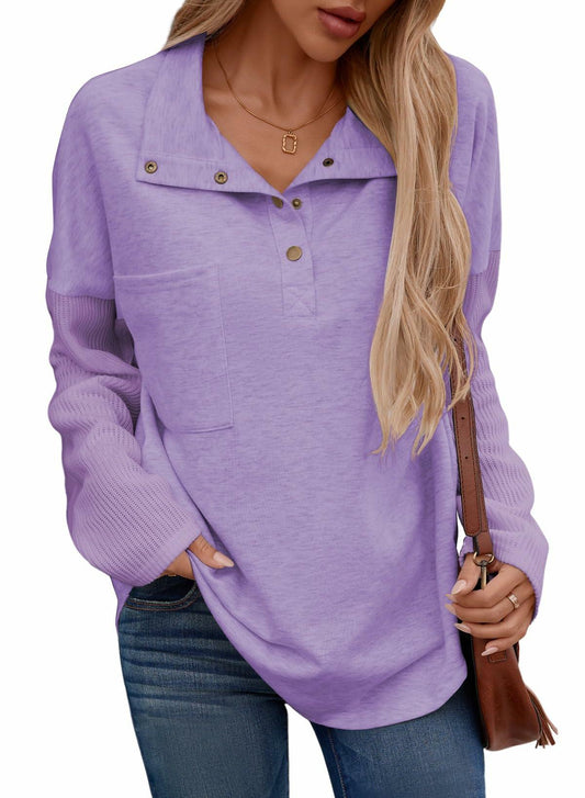 SHEWIN Women Oversized Button Up Sweatshirt Purple Size XL