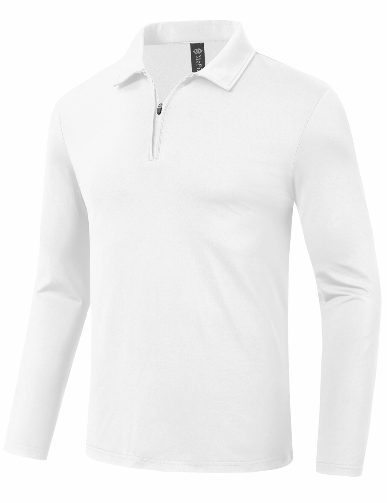MoFiz Men's Long Sleeve Polo Shirt Quarter Zipper Quick Dry White Size S