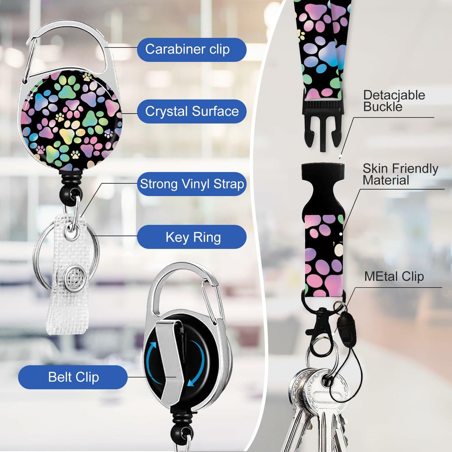 ACLEGTWEI Dog Paw Retractable ID Badge Holder with Lanyard Breakaway Clip 2 Pack