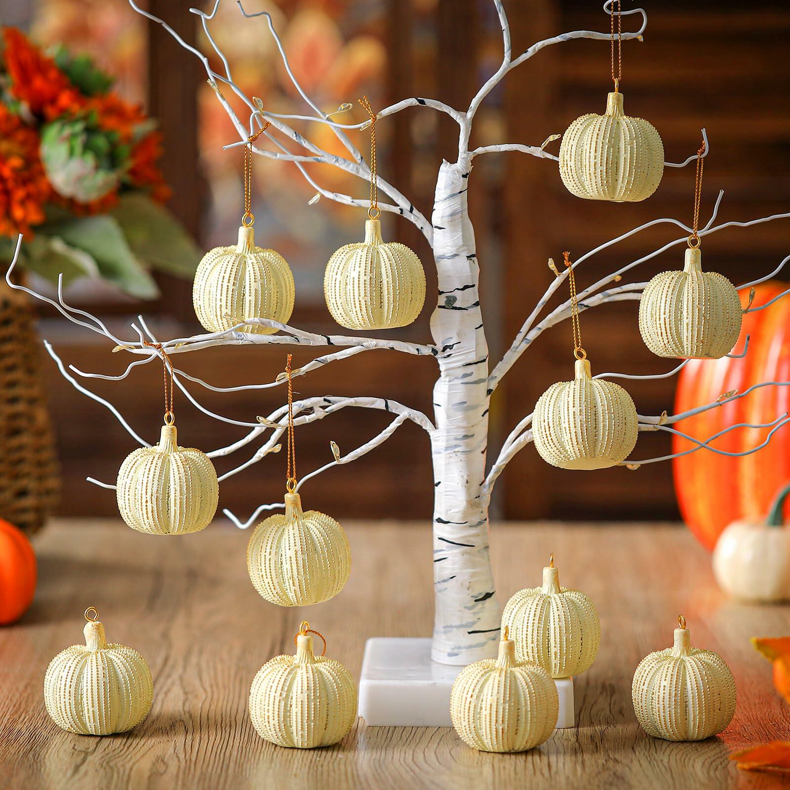 Hiboom 12 Pcs Resin Pumpkin Ornaments Rustic White Gold Fall Decor