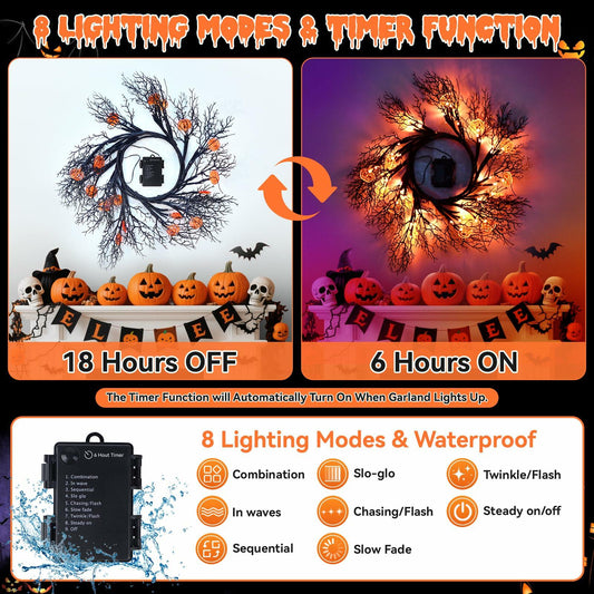 Slixune 6FT Halloween Willow Vine Twig Garland 45 LED Orange Lights