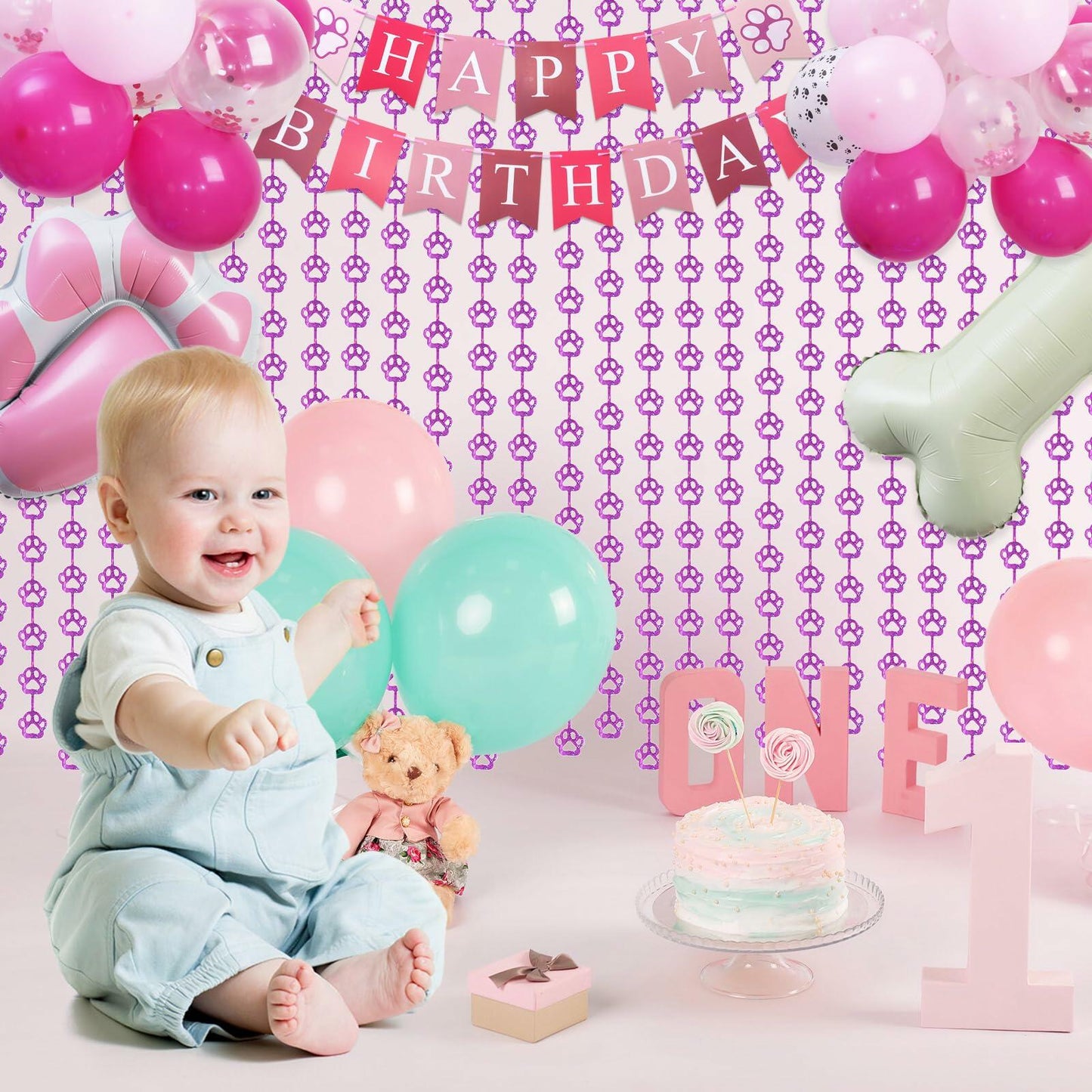 RANERVZ Pink Dog Paw Birthday Decorations Foil Curtain 3.3x6.6ft