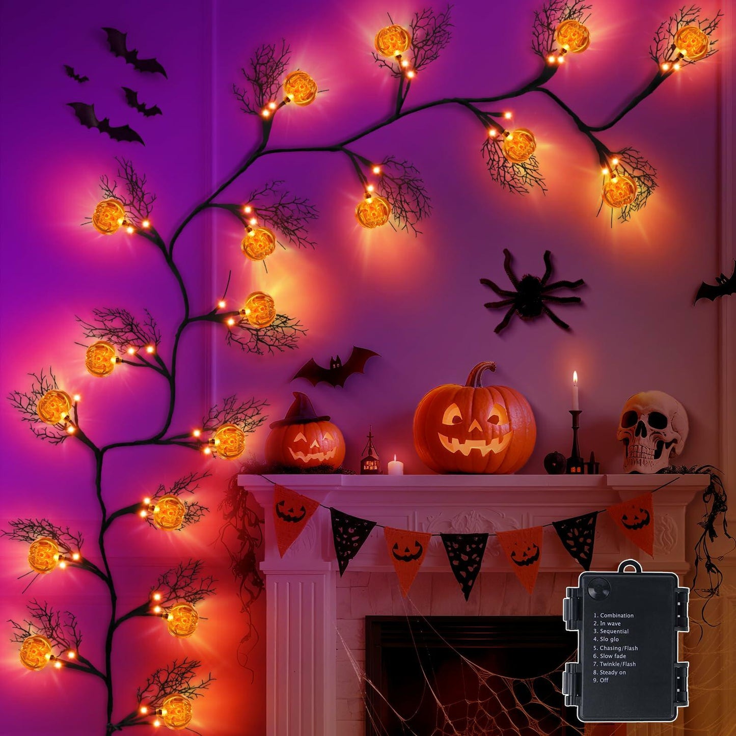 Slixune 6FT Halloween Willow Vine Twig Garland 45 LED Orange Lights