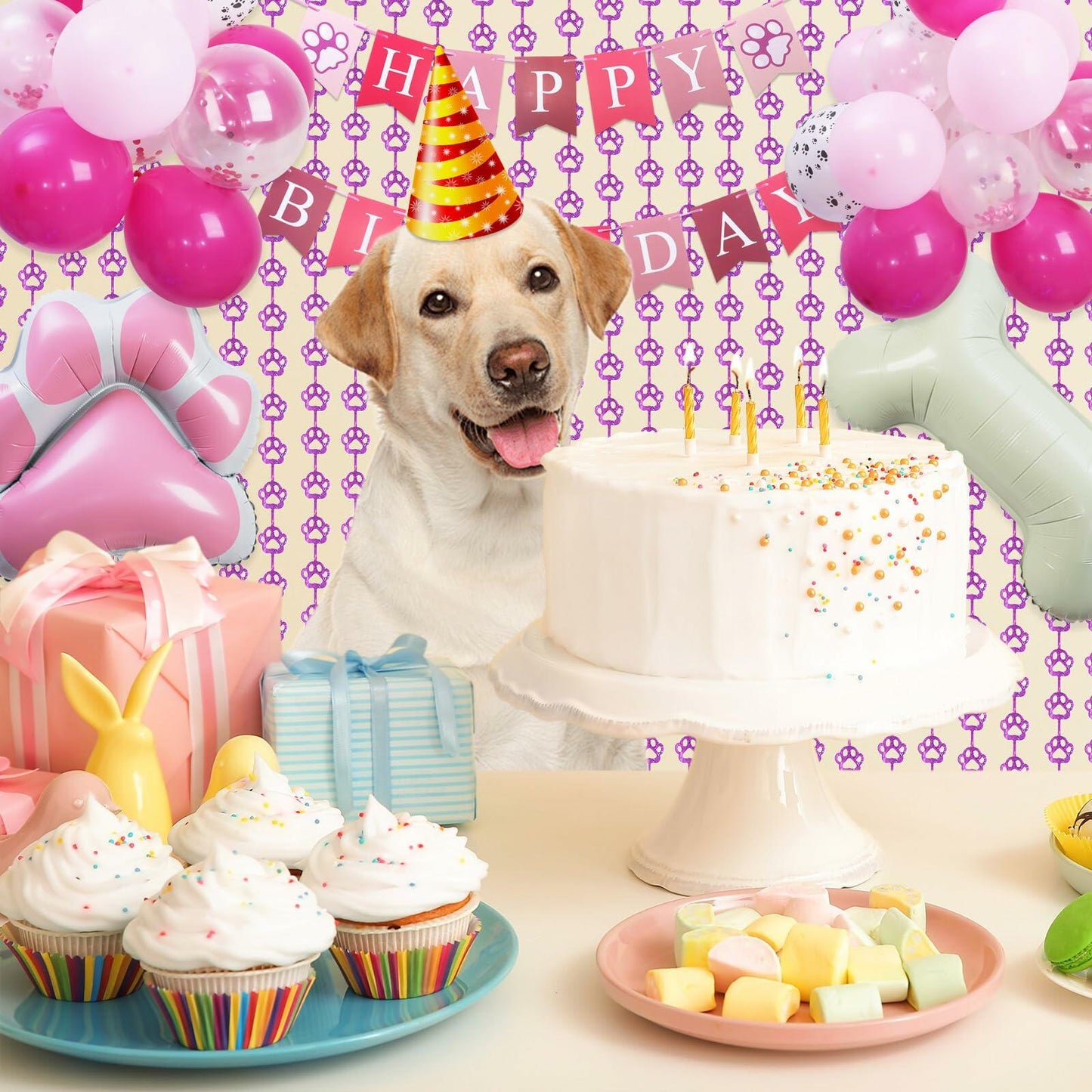 RANERVZ Pink Dog Paw Birthday Decorations Foil Curtain 3.3x6.6ft