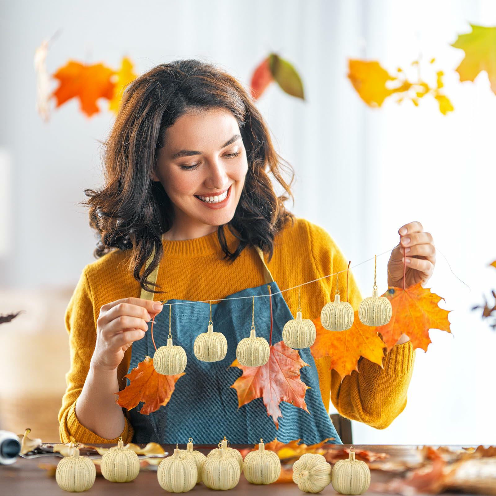 Hiboom 12 Pcs Resin Pumpkin Ornaments Rustic White Gold Fall Decor