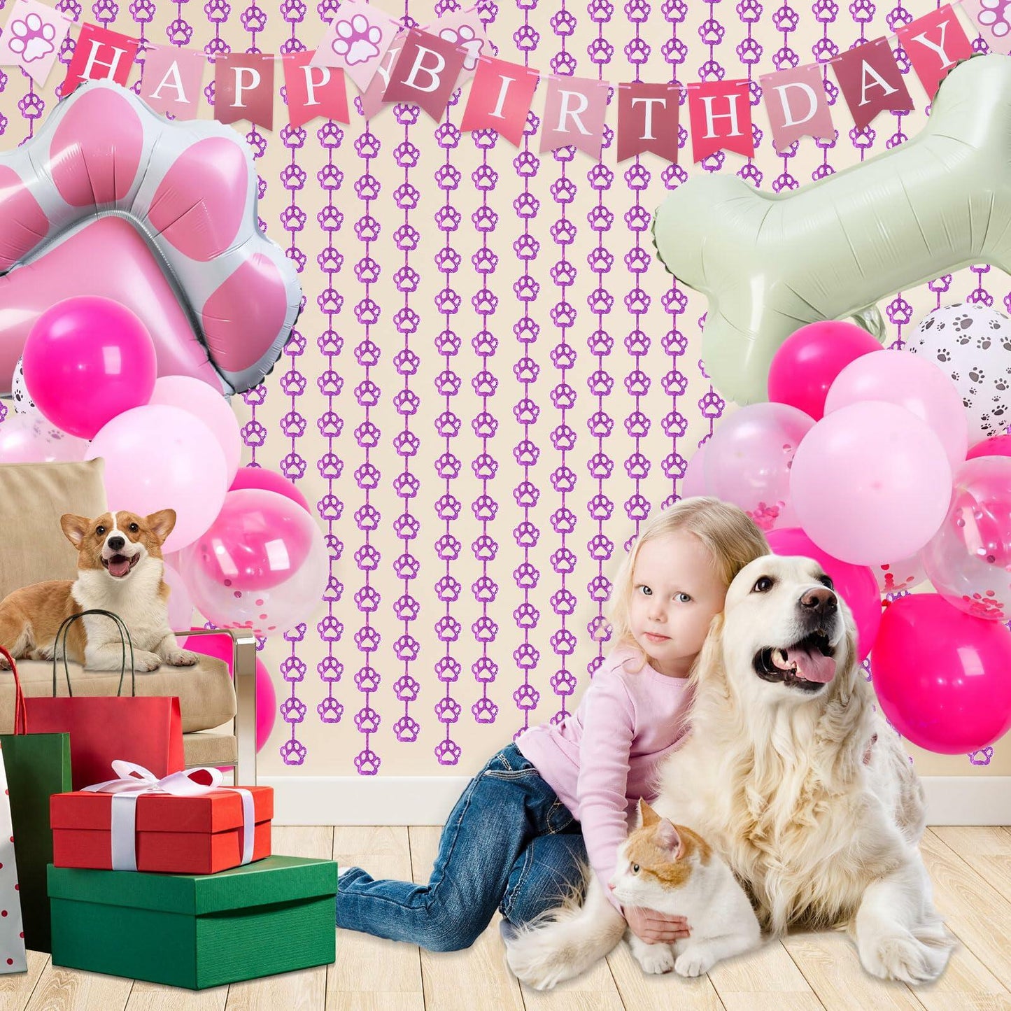 RANERVZ Pink Dog Paw Birthday Decorations Foil Curtain 3.3x6.6ft