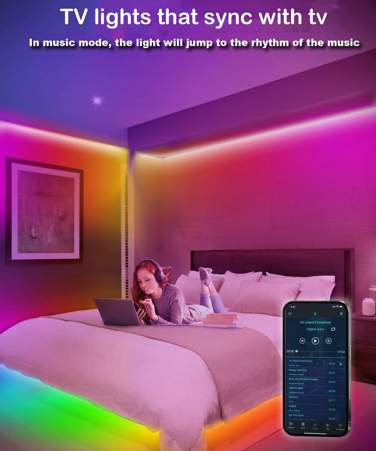 DTQJ 33FT IC-RGB LED Strip Lights Bluetooth Remote USB RGB Multi-Color