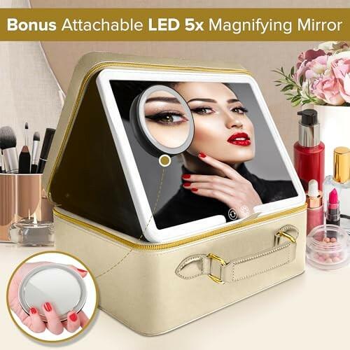 Upscale PU Leather Makeup Bag with JENNI V Nude Makeup Case with LED Mirror