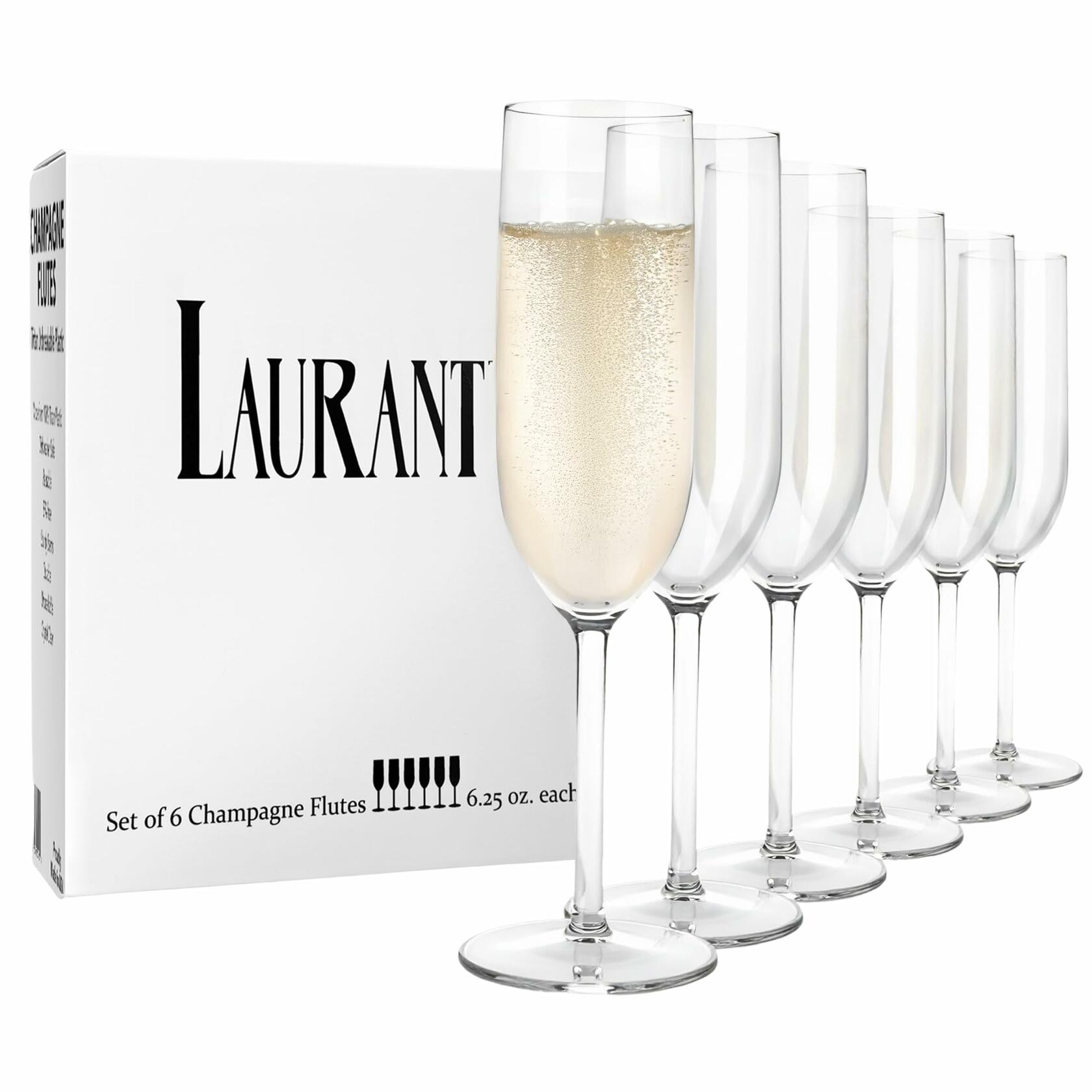 LAURANT Crystal Clear Plastic Champagne Flutes 6.25oz Set of 6 BPA Free USA