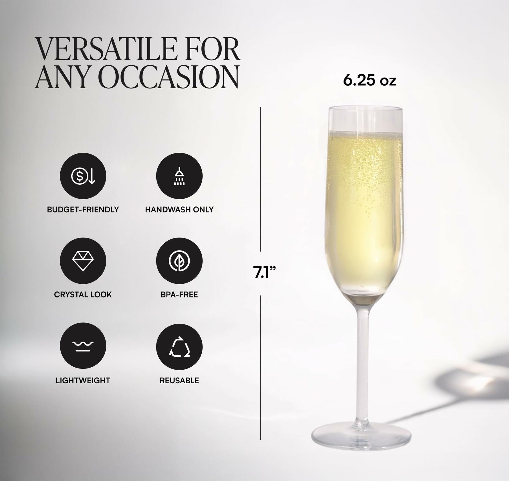 LAURANT Crystal Clear Plastic Champagne Flutes 6.25oz Set of 6 BPA Free USA