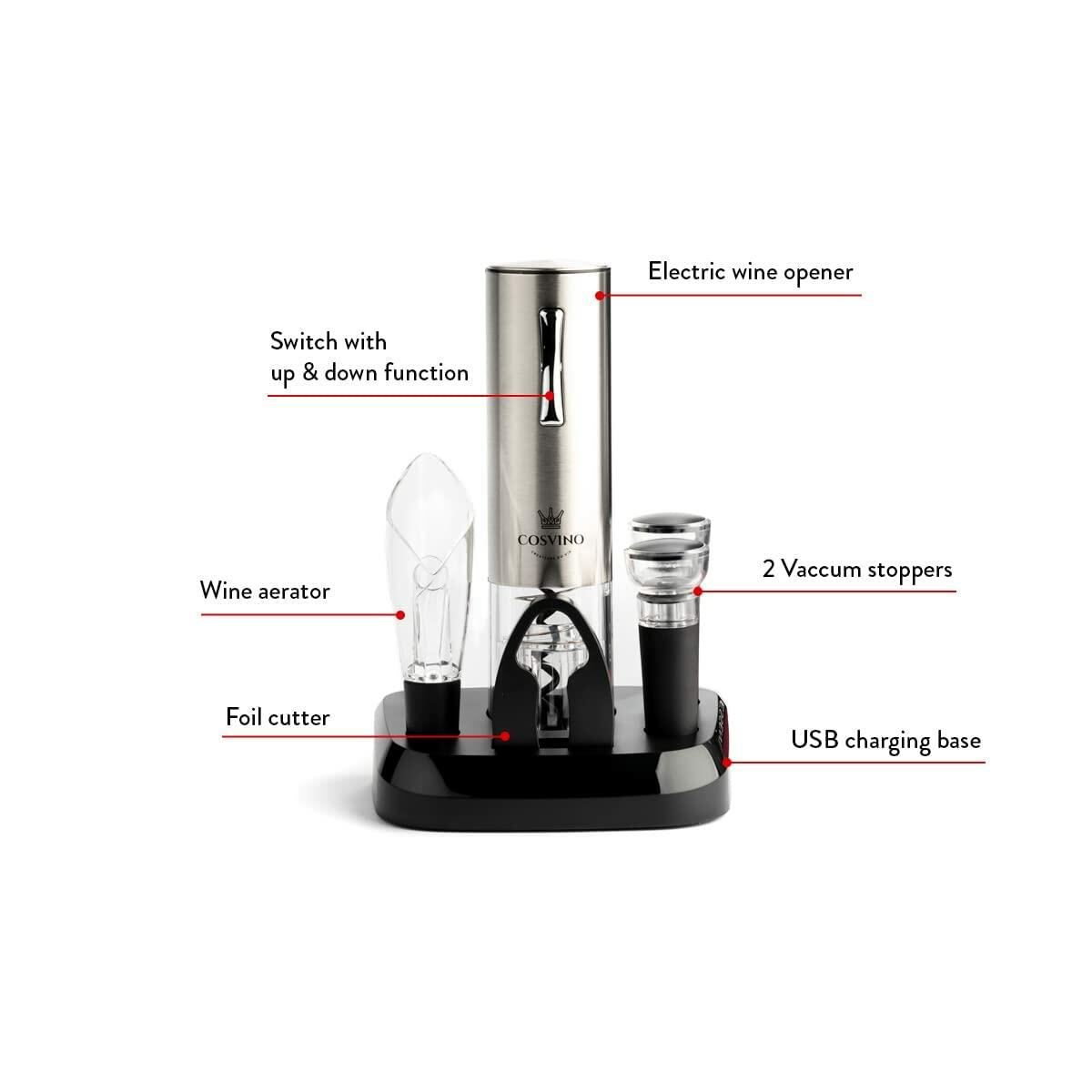 COSVINO Premium Electric Wine Bottle Opener with Charging Base Silver Stainless