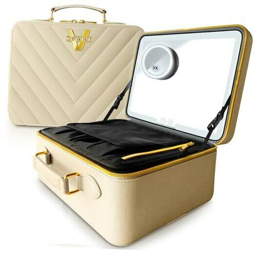 Upscale PU Leather Makeup Bag with JENNI V Nude Makeup Case with LED Mirror